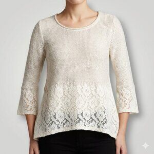 Anthropologie Knitted & Knotted Sweater Womens M Ivory Felted Lace Wool Boho